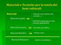 Materiali e Tecniche per la tutela dei beni culturali Materiali Materiali Lapidei Naturali: rocce (calcari, tufi, arenarie…) Artificiali: leganti (gesso,