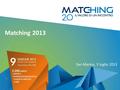 Matching 2013 San Marino, 5 luglio 2013. Promuovere incontri tra imprenditori finalizzati a migliorare le conoscenze e la creazione di relazioni utili.