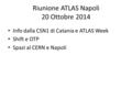 Riunione ATLAS Napoli 20 Ottobre 2014 Info dalla CSN1 di Catania e ATLAS Week Shift e OTP Spazi al CERN e Napoli.
