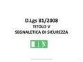 D.Lgs 81/2008 TITOLO V SEGNALETICA DI SICUREZZA 1Prof. Valerio Rimazza Liceo Sereni Luino.