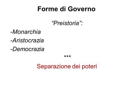 Forme di Governo “Preistoria”: -Monarchia -Aristocrazia -Democrazia *** Separazione dei poteri.