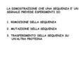 LA DIMOSTRAZIONE CHE UNA SEQUENZA E’ UN SEGNALE PREVEDE ESPERIMENTI DI: 1. RIMOZIONE DELLA SEQUENZA 2. MUTAZIONE DELLA SEQUENZA 3. TRASFERIMENTO DELLA.