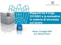 Rapporti tra il d.lgs. 231/2001 e la normativa in materia di sicurezza sul lavoro Pesaro, 12 maggio 2008 Avv. Daniele Tanoni.