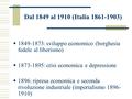 Dal 1849 al 1910 (Italia 1861-1903)  1849-1873: sviluppo economico (borghesia fedele al liberismo)  1873-1895: crisi economica e depressione  1896: