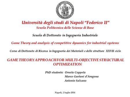 Scuola di Dottorato in Ingegneria Industriale Game Theory and analysis of competitive dynamics for industrial systems Corso di Dottorato di Ricerca in.