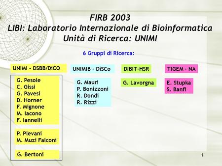1 FIRB 2003 LIBI: Laboratorio Internazionale di Bioinformatica Unità di Ricerca: UNIMI 6 Gruppi di Ricerca: G. Pesole C. Gissi G. Pavesi D. Horner F. Mignone.