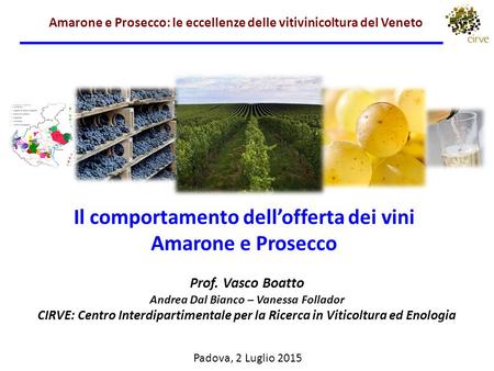 Padova, 2 Luglio 2015 Il comportamento dell’offerta dei vini Amarone e Prosecco Prof. Vasco Boatto Andrea Dal Bianco – Vanessa Follador CIRVE: Centro Interdipartimentale.