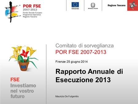Comitato di sorveglianza POR FSE 2007-2013 Firenze 25 giugno 2014 Rapporto Annuale di Esecuzione 2013 Maurizio De Fulgentiis.