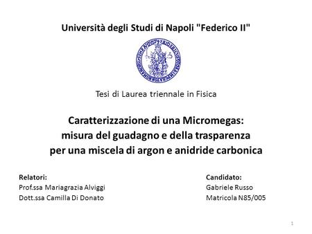 Università degli Studi di Napoli Federico II Tesi di Laurea triennale in Fisica Caratterizzazione di una Micromegas: misura del guadagno e della trasparenza.