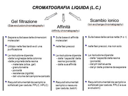 CROMATOGRAFIA LIQUIDA (L.C.) Gel filtrazione (Size-exclusion chromatography) Scambio ionico (Ion exchange chromatography) Affinità (Affinity chromatography)