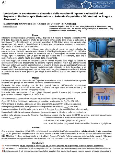 61 Ipotesi per lo svuotamento dinamico delle vasche di liquami radioattivi del Reparto di Radioterapia Metabolica - Azienda Ospedaliera SS. Antonio e Biagio.