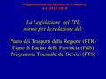 La Legislazione nel TPL: norme per la redazione del: Piano dei Trasporti della Regione (PTR) Piano di Bacino della Provincia (PdB) Programma Triennale.