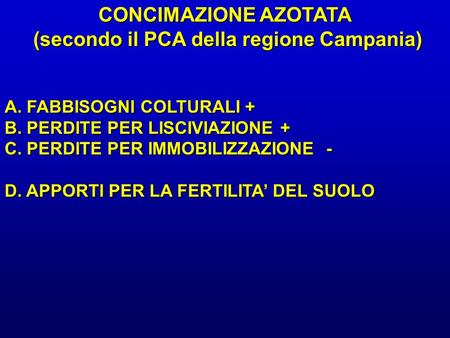 CONCIMAZIONE AZOTATA (secondo il PCA della regione Campania) (secondo il PCA della regione Campania) A. FABBISOGNI COLTURALI + B. PERDITE PER LISCIVIAZIONE.