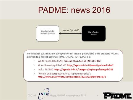 PADME: news 2016 02/03/16M. Raggi, PADME meeting March 2016 Per i dettagli sulla fisica del dark photon e di tutte le potenzialità della proposta PADME.