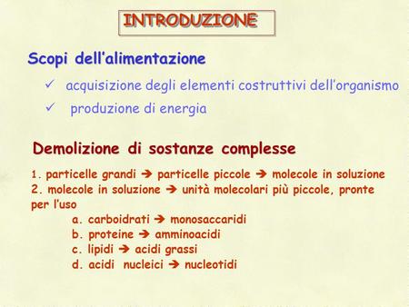 Scopi dell’alimentazione acquisizione degli elementi costruttivi dell’organismo produzione di energia Demolizione di sostanze complesse 1. particelle grandi.