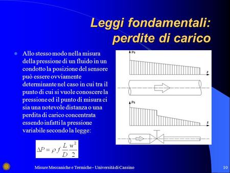 Misure Meccaniche e Termiche - Università di Cassino Leggi fondamentali: perdite di carico Allo stesso modo nella misura della pressione di un fluido in.