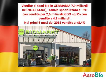 Vendite di food bio in GERMANIA 7,9 miliardi nel 2014 (+4.8%); canale specializzato a +9% con vendite per 2,6 miliardi, GDO +3,7% con vendite a 4,2 miliardi.