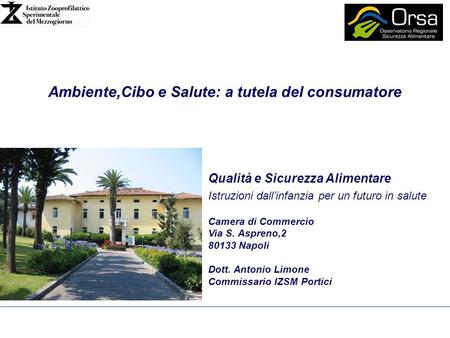 Ambiente,Cibo e Salute: a tutela del consumatore Camera di Commercio Via S. Aspreno,2 80133 Napoli Dott. Antonio Limone Commissario IZSM Portici Istruzioni.