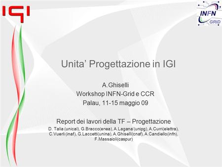 Unita’ Progettazione in IGI Report dei lavori della TF – Progettazione D. Talia (unical), G.Bracco(enea), A.Lagana’(unipg), A.Curri(elettra), C.Vuerli.