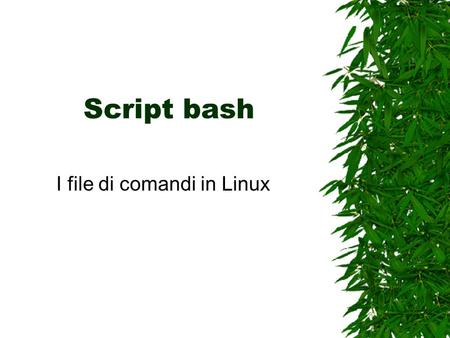 Script bash I file di comandi in Linux. BASH  Bourne Again Shell  Modalità interattiva o batch (file di comandi)  Ambiente di programmazione “completo”