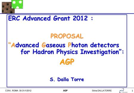 1 CSN I, ROMA 30-31/1/2012 AGPSilvia DALLA TORRE ERC Advanced Grant 2012 : PROPOSAL “Advanced Gaseous Photon detectors for Hadron Physics Investigation”: