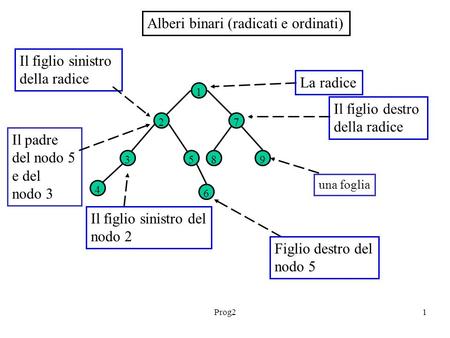 Prog21 Alberi binari (radicati e ordinati) 1 2 3 4 5 6 7 89 Il figlio destro della radice La radice Il figlio sinistro della radice Il padre del nodo 5.