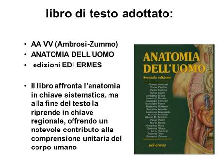 Libro di testo adottato: AA VV (Ambrosi-Zummo) ANATOMIA DELL’UOMO edizioni EDI ERMES Il libro affronta l’anatomia in chiave sistematica, ma alla fine del.