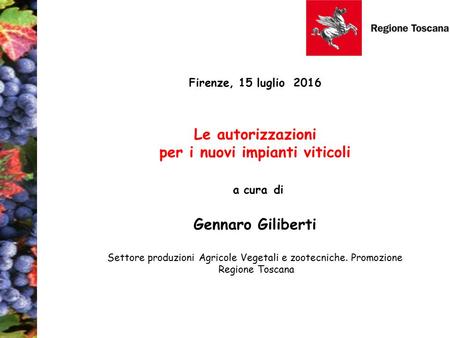 Firenze, 15 luglio 2016 Le autorizzazioni per i nuovi impianti viticoli a cura di Gennaro Giliberti Settore produzioni Agricole Vegetali e zootecniche.