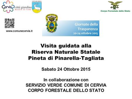 Visita guidata alla Riserva Naturale Statale Pineta di Pinarella-Tagliata Sabato 24 Ottobre 2015 In collaborazione con SERVIZIO VERDE COMUNE DI CERVIA.