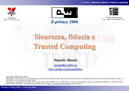 Sicurezza, fiducia e Trusted Computing D. Masini - Sicurezza, fiducia e Trusted Computing Firenze, 20 Mag 2006 – E-Privacy 2006 no1984.org