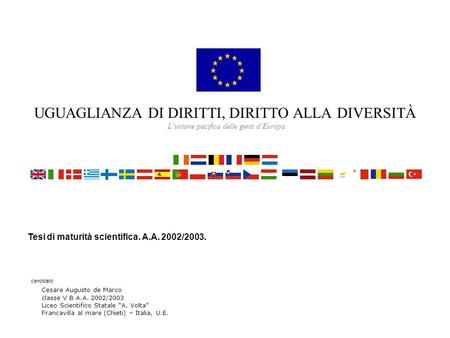 UGUAGLIANZA DI DIRITTI, DIRITTO ALLA DIVERSITÀ L’unione pacifica delle genti d’Europa Tesi di maturità scientifica. A.A. 2002/2003. Cesare Augusto de Marco.