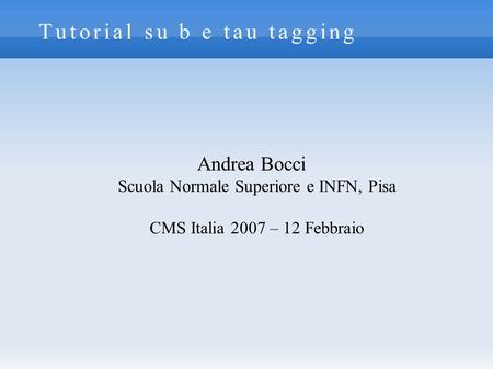 Tutorial su b e tau tagging Andrea Bocci Scuola Normale Superiore e INFN, Pisa CMS Italia 2007 – 12 Febbraio.