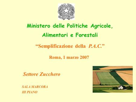 “Semplificazione della P.A.C.” Roma, 1 marzo 2007 Settore Zucchero SALA MARCORA III PIANO Ministero delle Politiche Agricole, Alimentari e Forestali.
