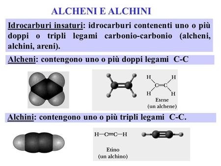 ALCHENI E ALCHINI Idrocarburi insaturi: idrocarburi contenenti uno o più doppi o tripli legami carbonio-carbonio (alcheni, alchini, areni). Alcheni: contengono.