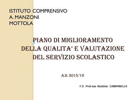 F.S. Prof.ssa Beatrice CAMPANELLA PIANO DI MIGLIORAMENTO DELLA QUALITA’ E VALUTAZIONE DEL SERVIZIO SCOLASTICO a.S. 2015/16 ISTITUTO COMPRENSIVO A. MANZONI.
