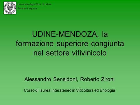 UDINE-MENDOZA, la formazione superiore congiunta nel settore vitivinicolo Alessandro Sensidoni, Roberto Zironi Corso di laurea Interateneo in Viticoltura.