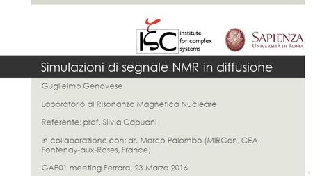 Simulazioni di segnale NMR in diffusione Guglielmo Genovese Laboratorio di Risonanza Magnetica Nucleare Referente: prof. Silvia Capuani In collaborazione.