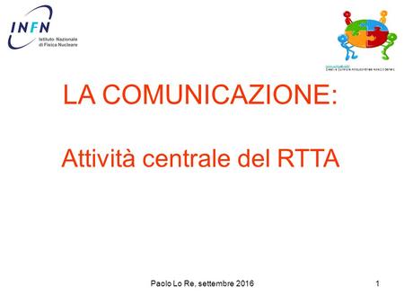 Paolo Lo Re, settembre 2016 LA COMUNICAZIONE: Attività centrale del RTTA BOZZA PRELIMINARE x il Gruppo di Lavoro 1  Creative Commons Attribution-Share.