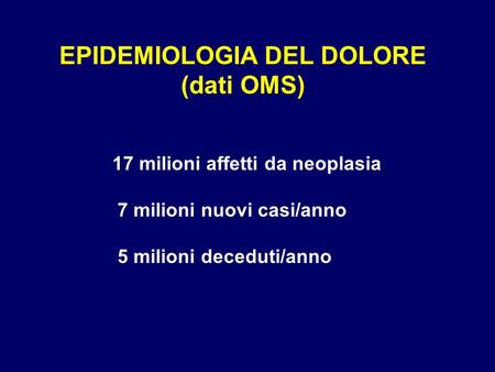 EPIDEMIOLOGIA DEL DOLORE (dati OMS) 17 milioni affetti da neoplasia 7 milioni nuovi casi/anno 5 milioni deceduti/anno.