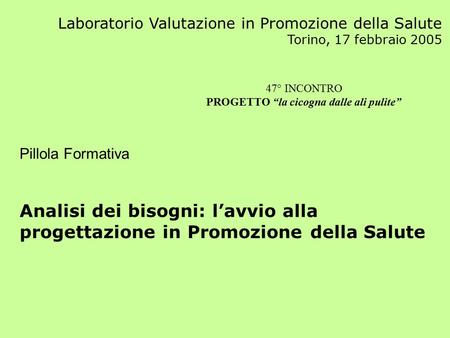 Laboratorio Valutazione in Promozione della Salute Torino, 17 febbraio 2005 Pillola Formativa Analisi dei bisogni: l’avvio alla progettazione in Promozione.