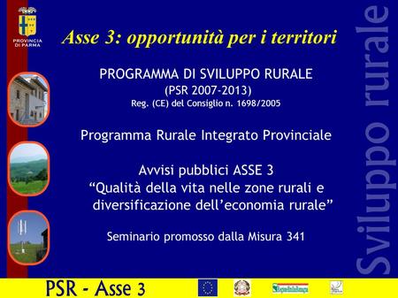 Asse 3: opportunità per i territori PROGRAMMA DI SVILUPPO RURALE (PSR 2007-2013) Reg. (CE) del Consiglio n. 1698/2005 Programma Rurale Integrato Provinciale.