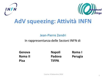 AdV squeezing: Attività INFN Cascina 8 Settembre In rappresentanza delle Sezioni INFN di GenovaNapoliRoma I Roma IIPadovaPerugia Pisa TIFPA Jean-Pierre.