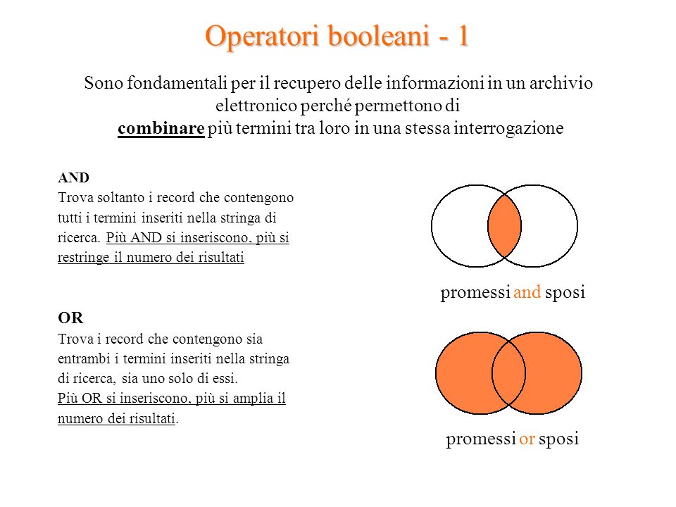 Operatori booleani 1 Sono fondamentali per il recupero delle