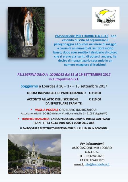 Soggiorno a Lourdes il 16 – 17 – 18 settembre 2017