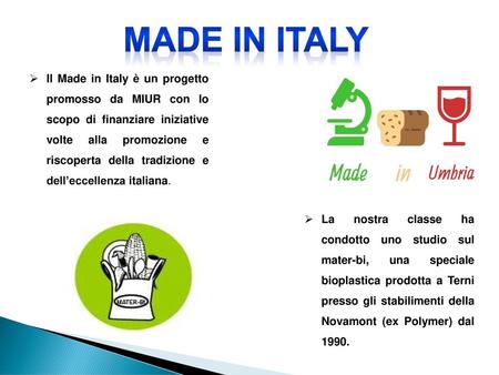 MADE IN ITALY Il Made in Italy è un progetto promosso da MIUR con lo scopo di finanziare iniziative volte alla promozione e riscoperta della tradizione.