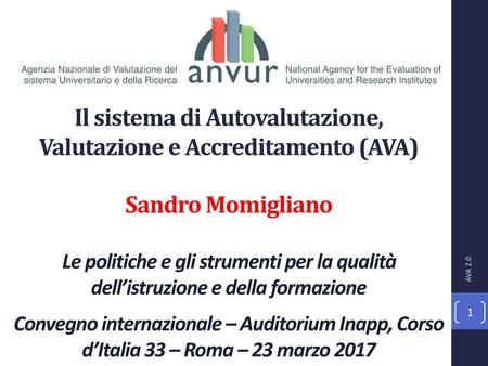 Il sistema di Autovalutazione, Valutazione e Accreditamento (AVA) Sandro Momigliano Le politiche e gli strumenti per la qualità dell’istruzione e della.