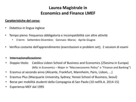 Laurea Magistrale in Economics and Finance LMEF