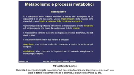 METABOLISMO BASALE Quantità di energia impiegata in condizioni di neutralità termica, dal soggetto sveglio, ma in uno stato di totale rilassamento fisico.