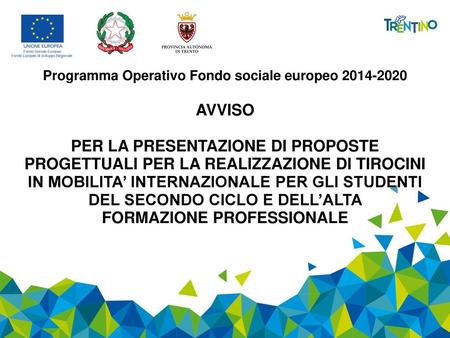 Programma Operativo Fondo sociale europeo 2014-2020 AVVISO PER LA PRESENTAZIONE DI PROPOSTE PROGETTUALI PER LA REALIZZAZIONE DI TIROCINI IN MOBILITA’