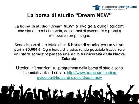 La borsa di studio “Dream NEW” La borsa di studio “Dream NEW” si rivolge a quegli studenti che siano aperti al mondo, desiderosi di avventure e pronti.